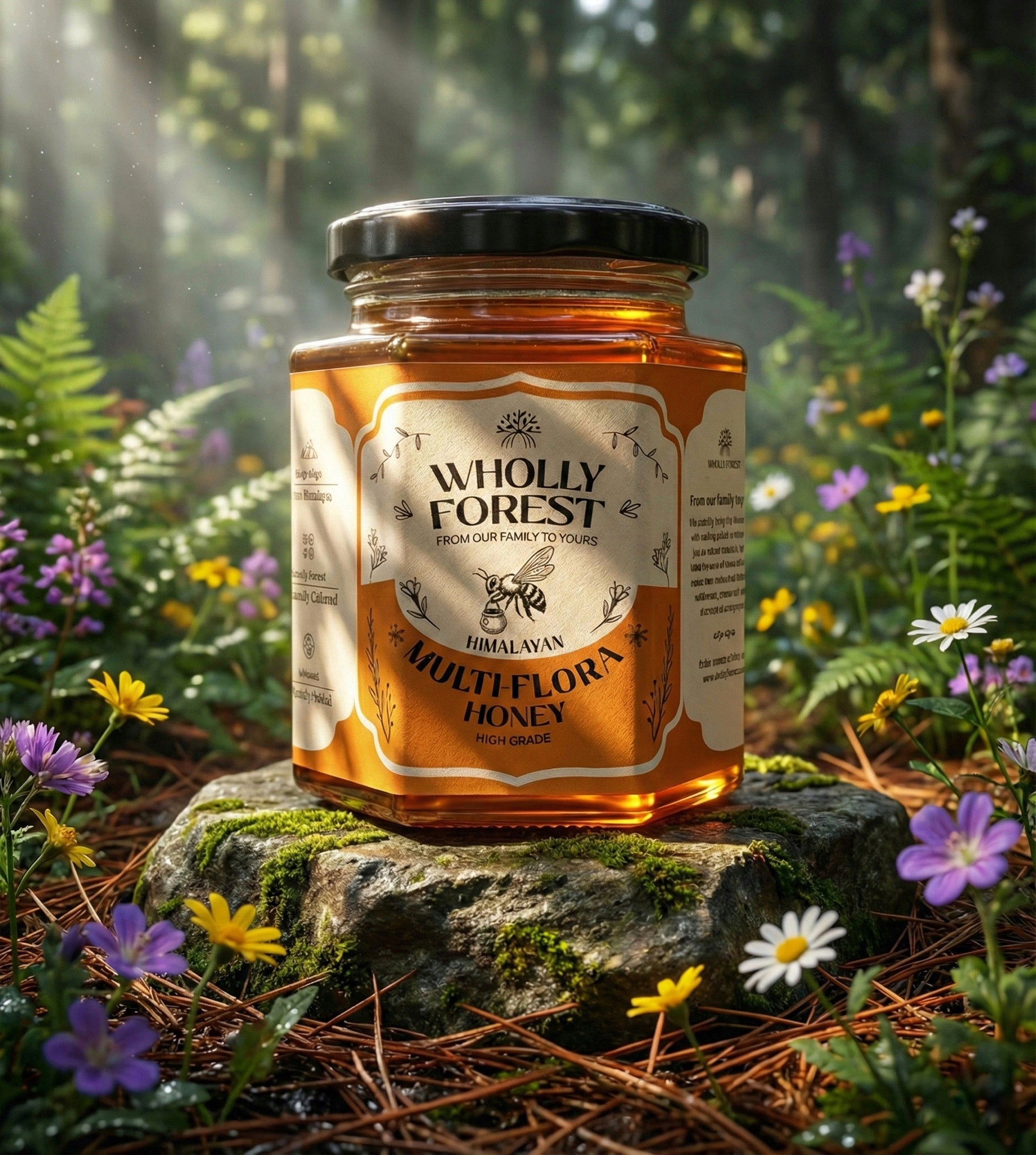 Jar of Wholly Forest honey on a rock with a forest background