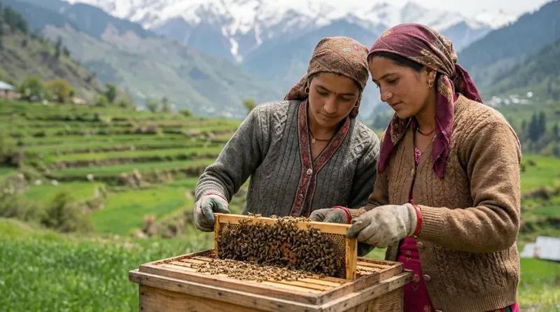 Cruelty-free ethical beekeeping harvest in Himalayan foothills with natural wooden hive frames