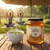 Wholly Forest raw honey jar on a wooden deck next to steaming herbal tea cup with morning sunrise yoga in the background